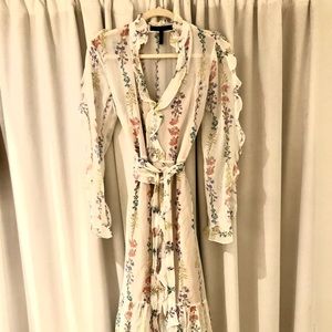 BCBG silk white and floral dress.  Midi length dress includes nude slip. XS
